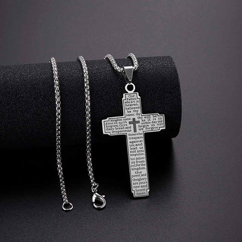 Collar de Cruz en Acero Inoxidable con Grabado del Padre Nuestro