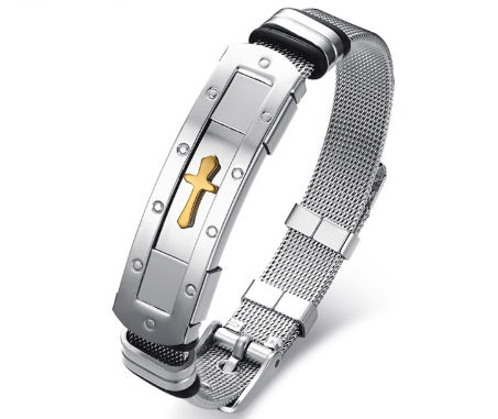 Brazalete de Acero Inoxidable con Diseño de Correa y Dije de Cruz