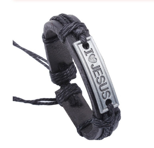 Pulsera de cuero trenzado con placa de cruz y mensaje I Love Jesus para hombre y mujer
