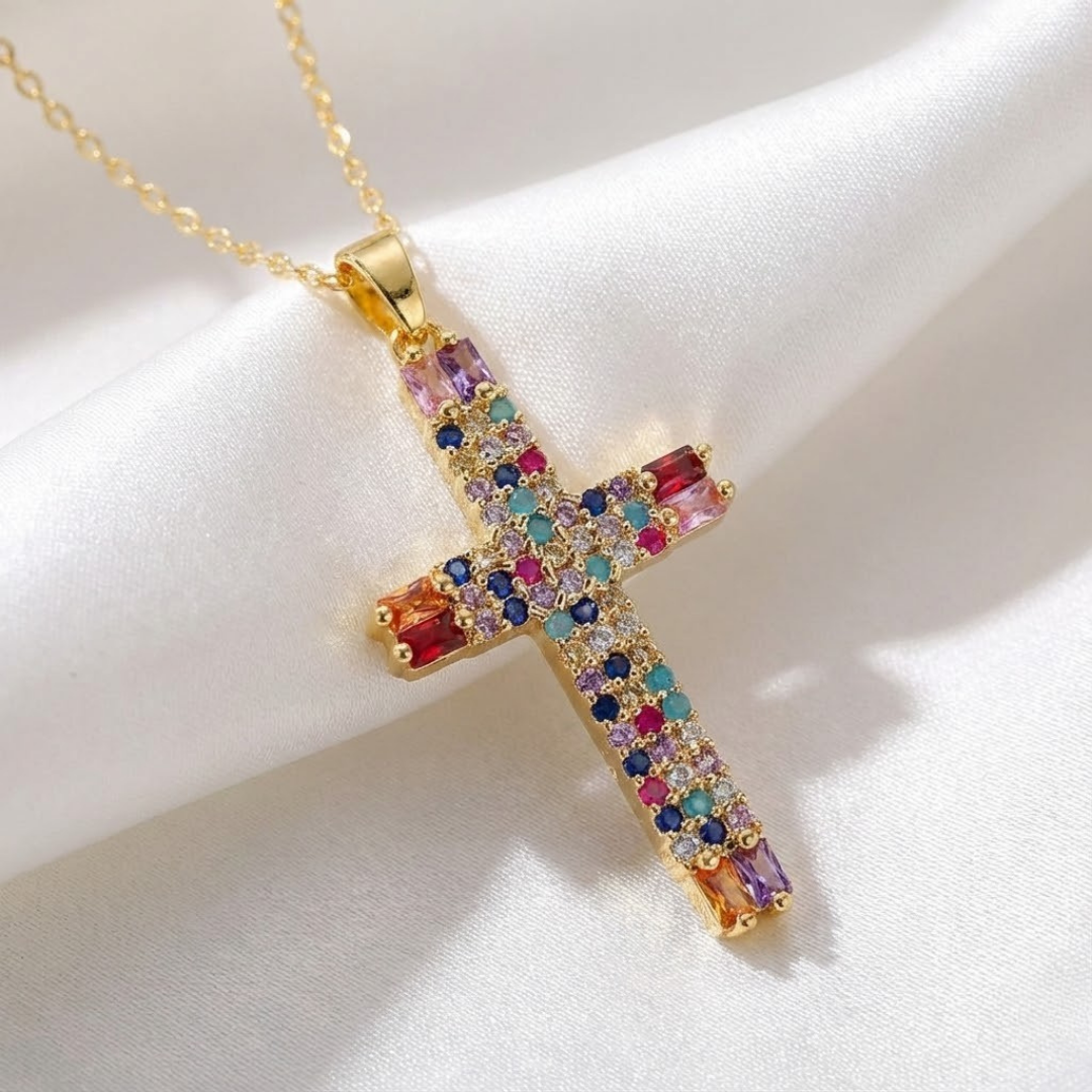 Collar Fino con Cruz Pequeña y Cristal en Aleación de Metal