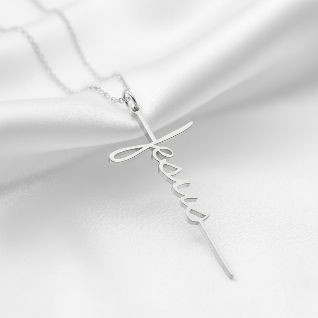 Collar con Dije de Nombre Jesús en Forma de Cruz de Acero Inoxidable