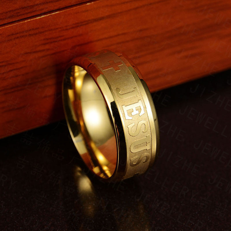Anillo de acero inoxidable con nombre de Jesús y símbolo de cruz para hombre y mujer