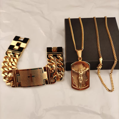 Conjunto de Collar y Pulsera con Cruz de Jesús y Oración del Padre Nuestro