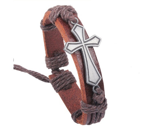 Pulsera de cuero trenzado con placa de cruz y mensaje I Love Jesus para hombre y mujer