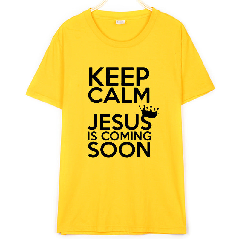 Camiseta Cristiana Keep Calm Jesus Is Coming Soon