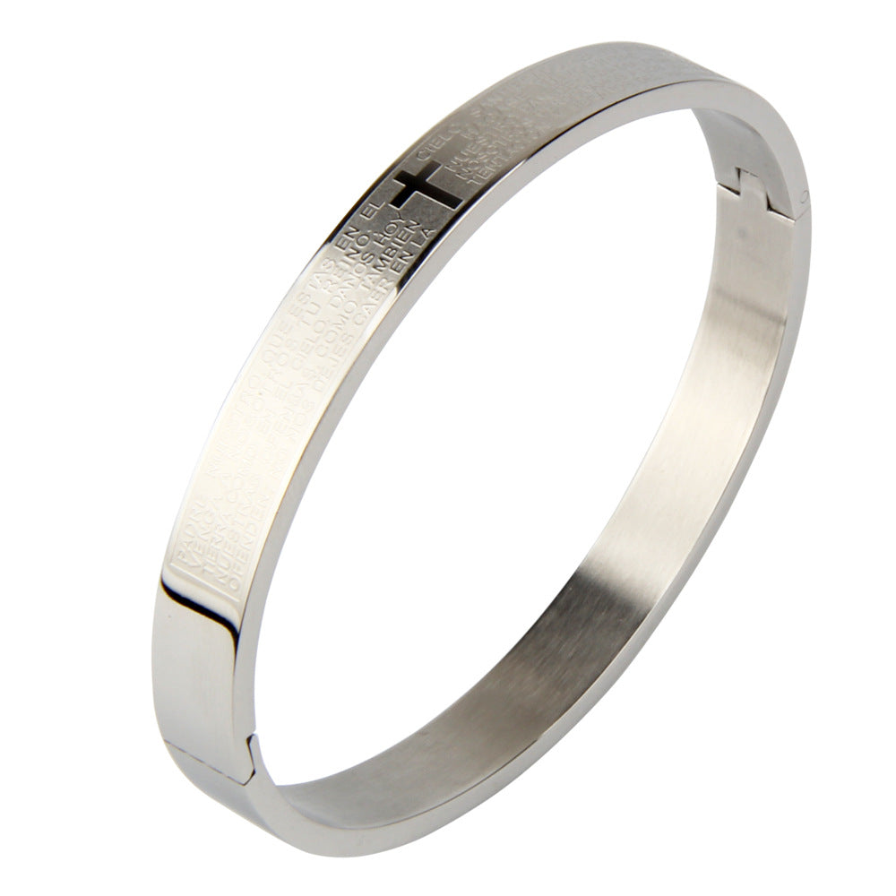 Brazalete cristiano Rígido Padre Nuestro en Acero Inoxidable con Cruz