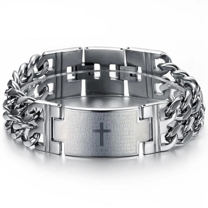 Brazalete cristiano  de Acero Inoxidable con Grabado del Padre Nuestro y Cruz