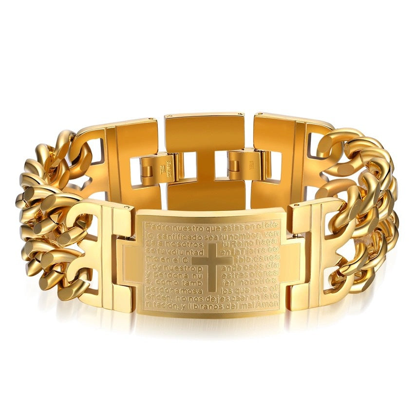 Brazalete cristiano  de Acero Inoxidable con Grabado del Padre Nuestro y Cruz