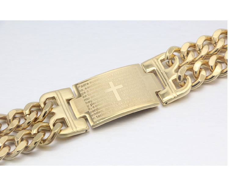 Brazalete cristiano  de Acero Inoxidable con Grabado del Padre Nuestro y Cruz