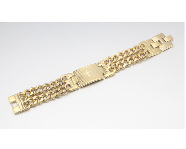 Brazalete cristiano  de Acero Inoxidable con Grabado del Padre Nuestro y Cruz