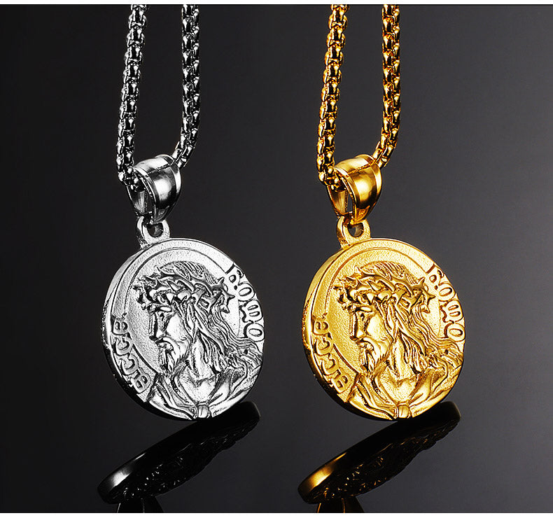 Medallón de Jesús con Corona de Espinas en Acero de Titanio