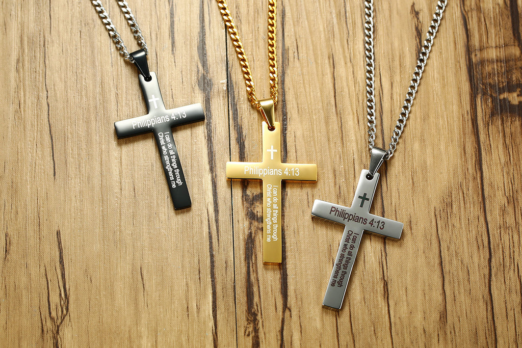 Collar con Colgante de Cruz y Versículo de Filipenses en Acero Inoxidable