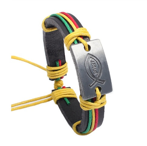 Pulsera de cuero trenzado con placa de cruz y mensaje I Love Jesus para hombre y mujer