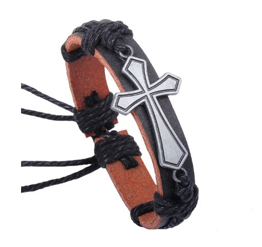 Pulsera de cuero trenzado con placa de cruz y mensaje I Love Jesus para hombre y mujer