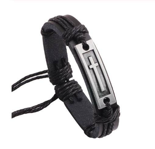 Pulsera de cuero trenzado con placa de cruz y mensaje I Love Jesus para hombre y mujer