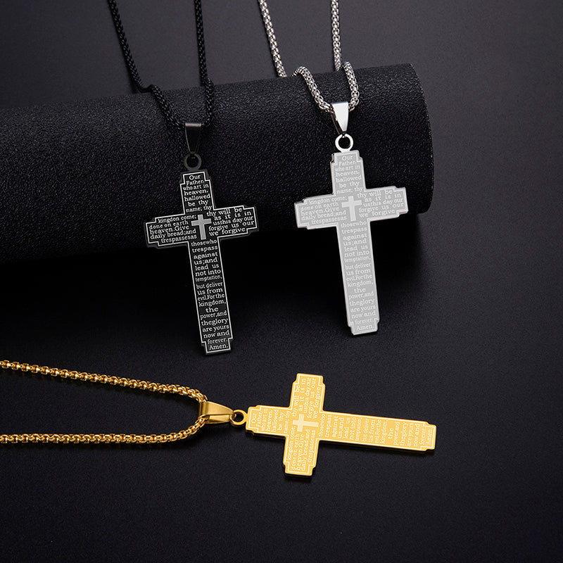 Collar de Cruz en Acero Inoxidable con Grabado del Padre Nuestro