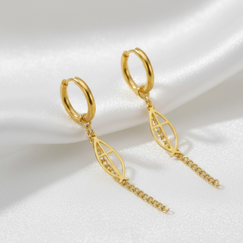 Varios Pendientes de Aro con Cadena y Pez Ichthys en Acero Inoxidable