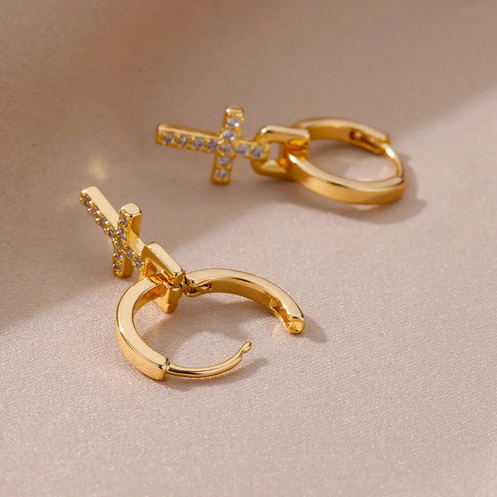 Pendientes geométricos con cruz – Acero inoxidable chapado en oro 18K para mujer