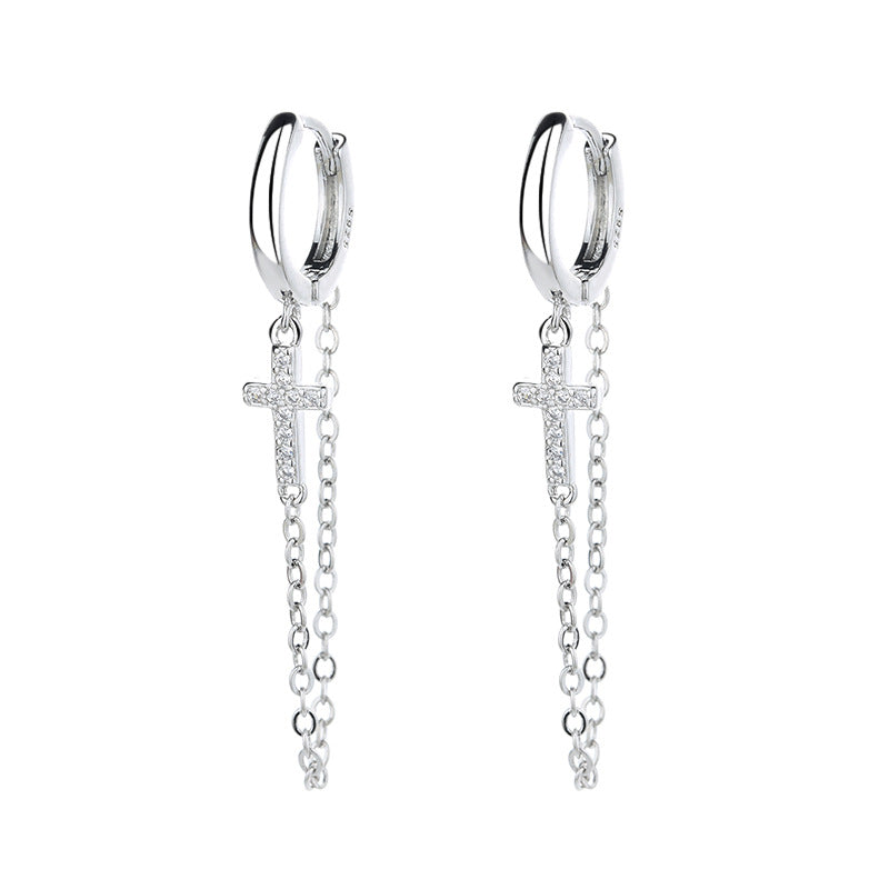 Pendientes a clip con cruz e incrustación de zirconia – Asimétricos para mujer