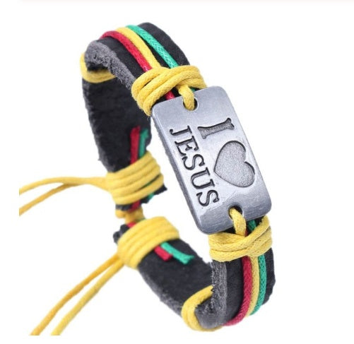 Pulsera de cuero trenzado con placa de cruz y mensaje I Love Jesus para hombre y mujer