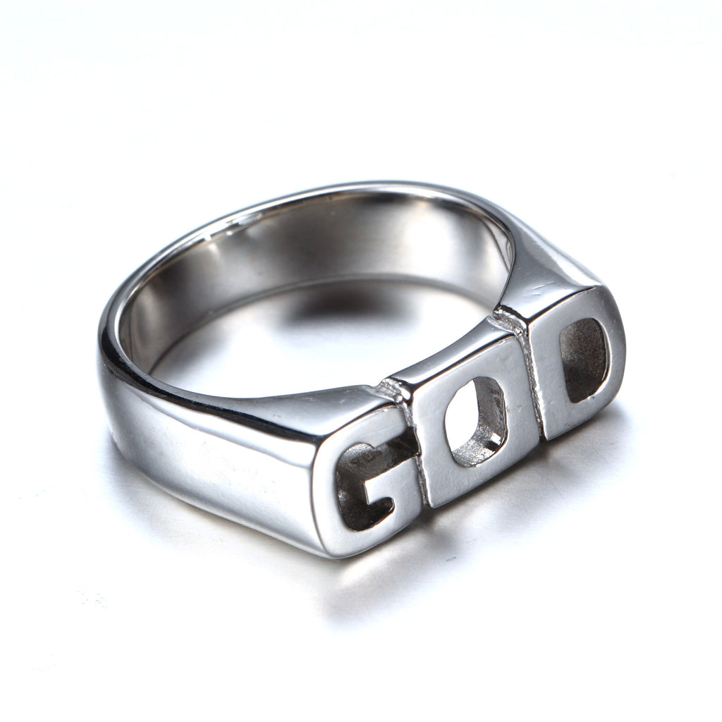 Anillo cristiano  "GOD" de Acero de Titanio con Letras Recortadas