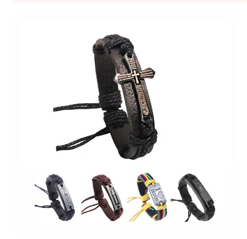 Pulsera de cuero trenzado con placa de cruz y mensaje I Love Jesus para hombre y mujer