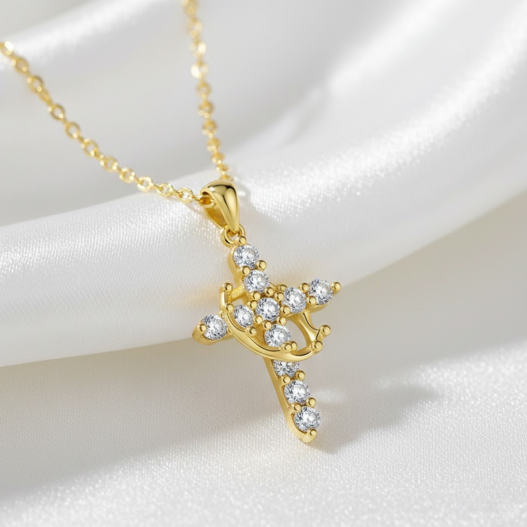 Collar cristiano  de Cruz con Corona y Circonitas para Mujer