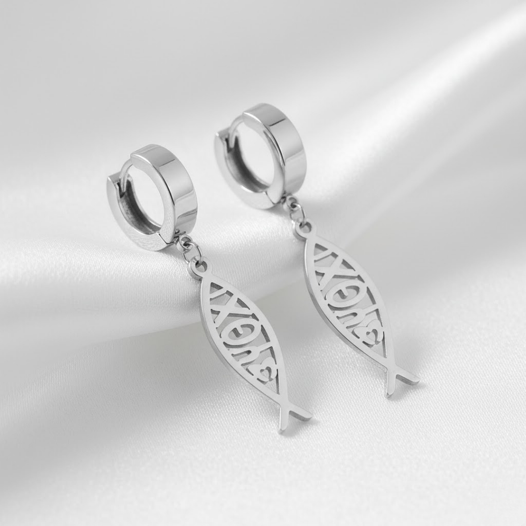 Varios Pendientes de Aro con Cadena y Pez Ichthys en Acero Inoxidable