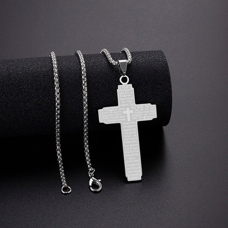 Collar de Cruz en Acero Inoxidable con Grabado del Padre Nuestro