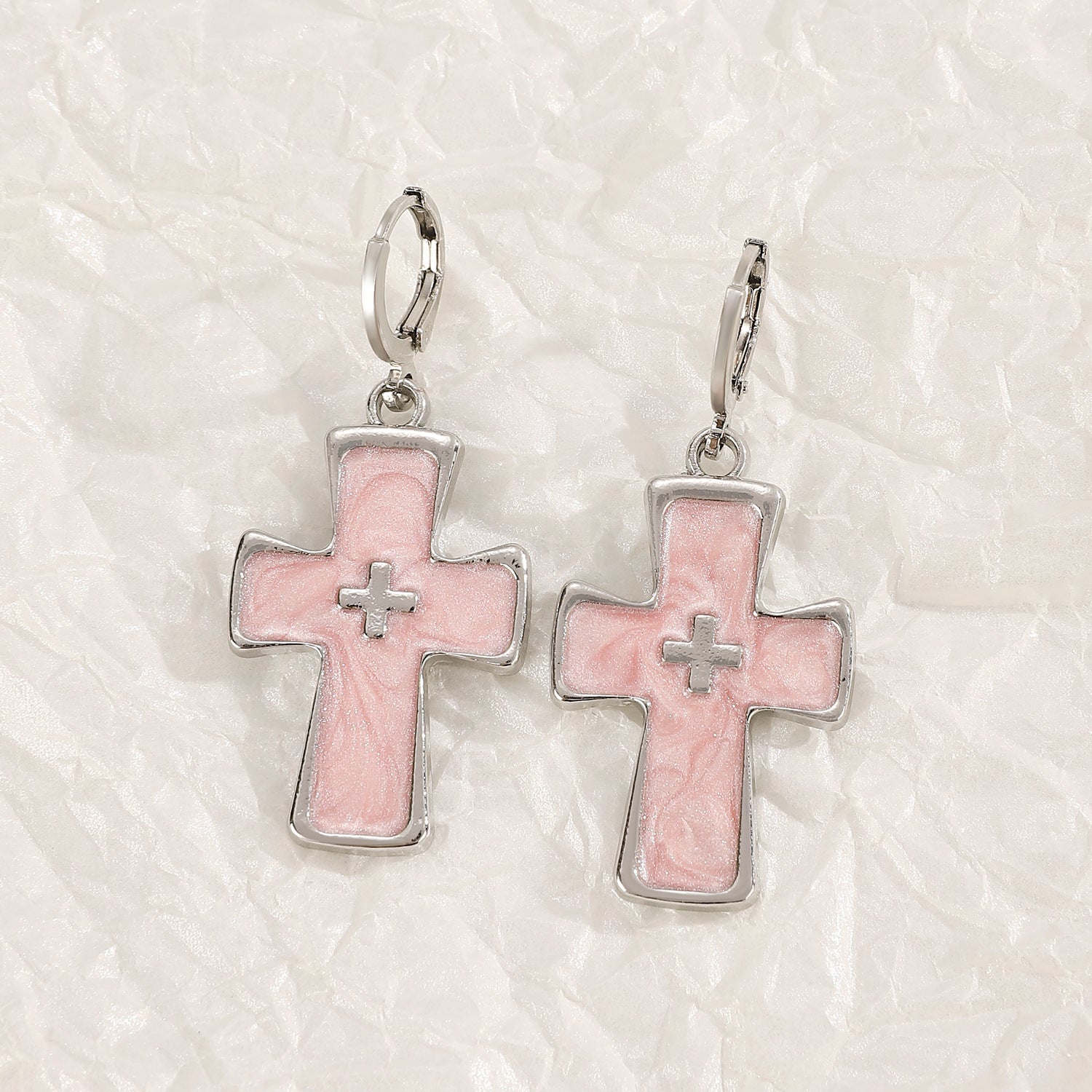 Pendientes rosa a cruz cristiana para mujeres