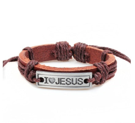 Pulsera de cuero trenzado con placa de cruz y mensaje I Love Jesus para hombre y mujer