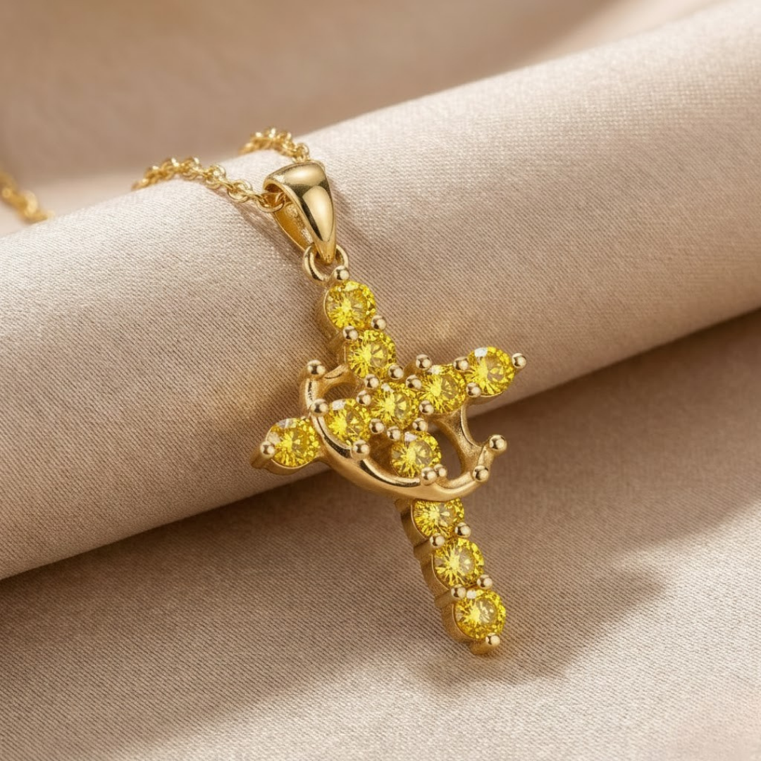 Collar cristiano  de Cruz con Corona y Circonitas para Mujer