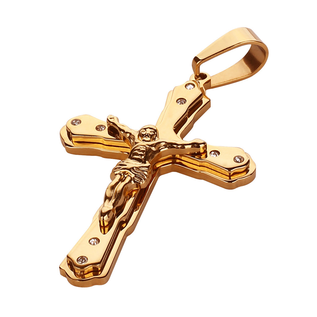 Collar cristiano con Colgante de Cruz Crucifijo Jesús en Oro  - Acero de Titanio