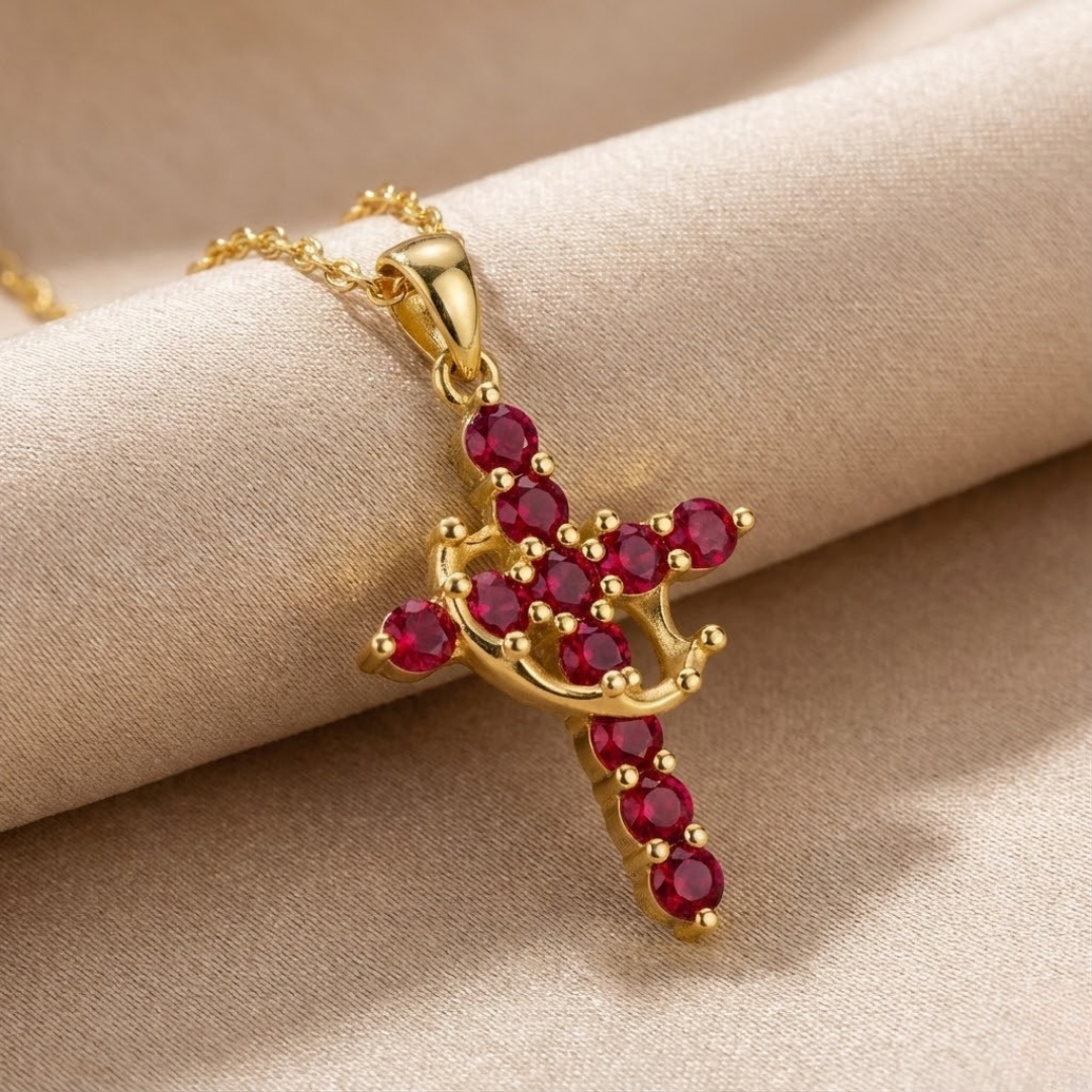 Collar cristiano  de Cruz con Corona y Circonitas para Mujer