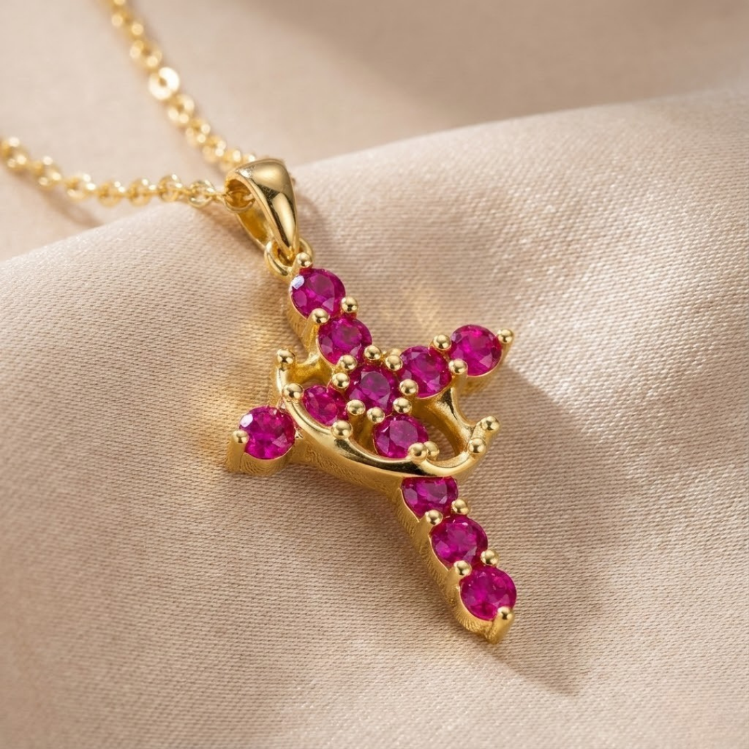 Collar cristiano  de Cruz con Corona y Circonitas para Mujer