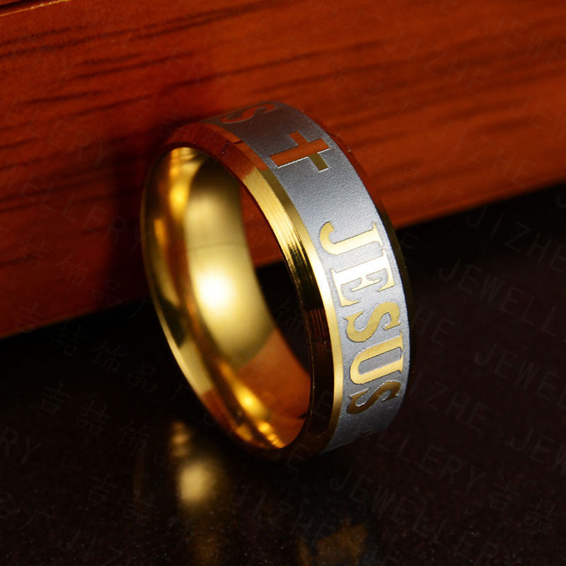 Anillo de acero inoxidable con nombre de Jesús y símbolo de cruz para hombre y mujer