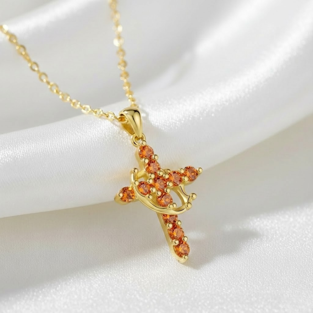 Collar cristiano  de Cruz con Corona y Circonitas para Mujer