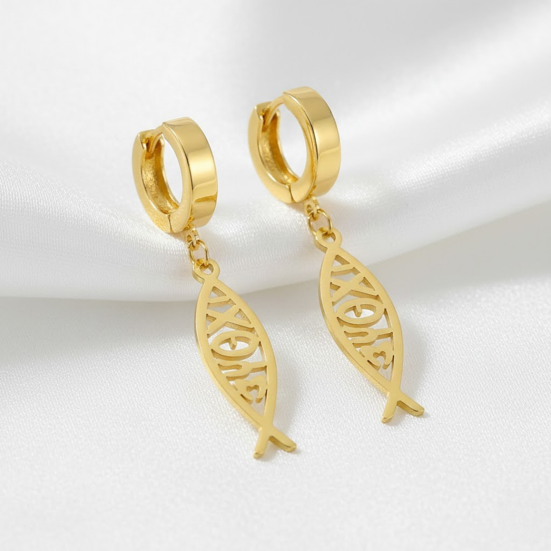 Varios Pendientes de Aro con Cadena y Pez Ichthys en Acero Inoxidable