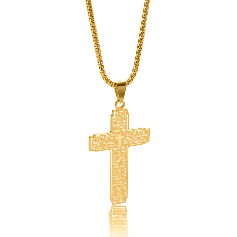 Collar de Cruz en Acero Inoxidable con Grabado del Padre Nuestro