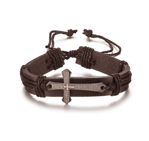 Pulsera de cuero trenzado con placa de cruz y mensaje I Love Jesus para hombre y mujer