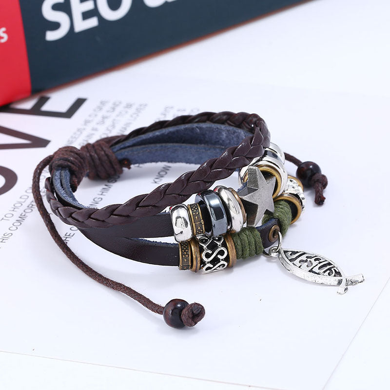 Pulsera cristiana  Multicapa de Cuero con Dije de Pez Jesús y Estrella