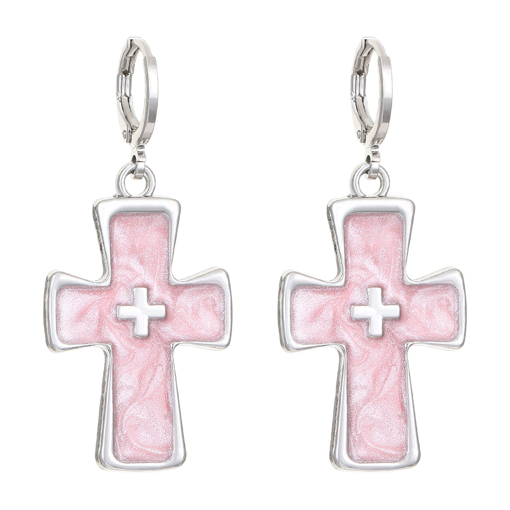 Pendientes rosa a cruz cristiana para mujeres