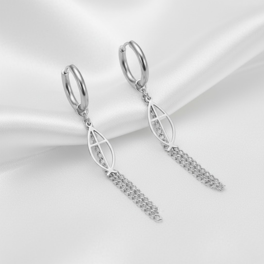 Varios Pendientes de Aro con Cadena y Pez Ichthys en Acero Inoxidable