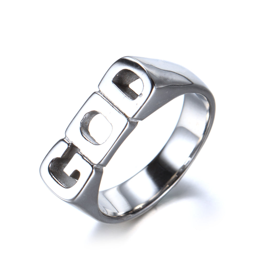 Anillo cristiano  "GOD" de Acero de Titanio con Letras Recortadas
