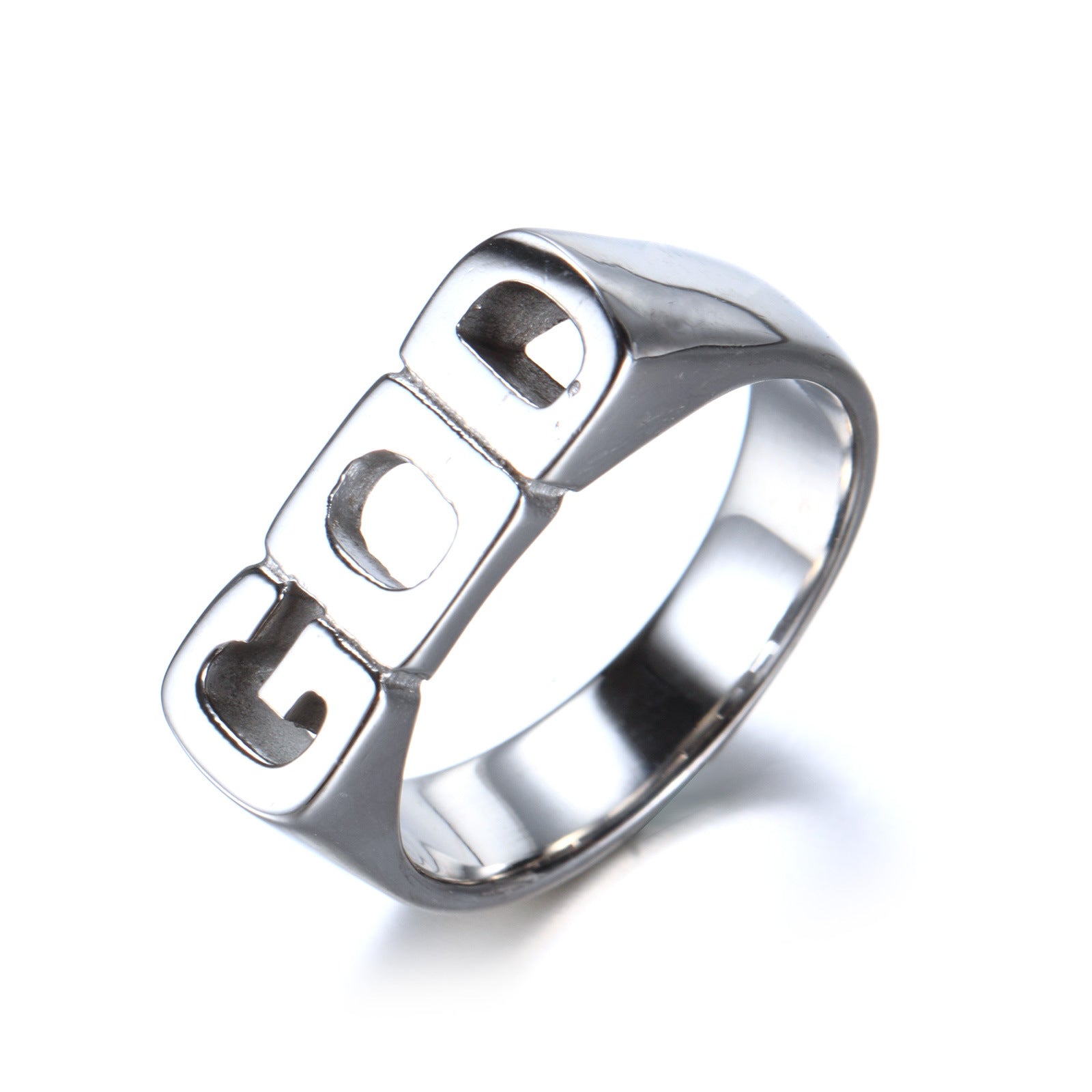 Anillo cristiano  "GOD" de Acero de Titanio con Letras Recortadas