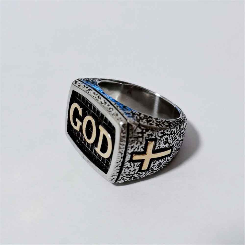 Anillo cristiano de Acero de Titanio Retro con Inscripción God y Cruz