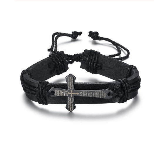 Pulsera de cuero trenzado con placa de cruz y mensaje I Love Jesus para hombre y mujer