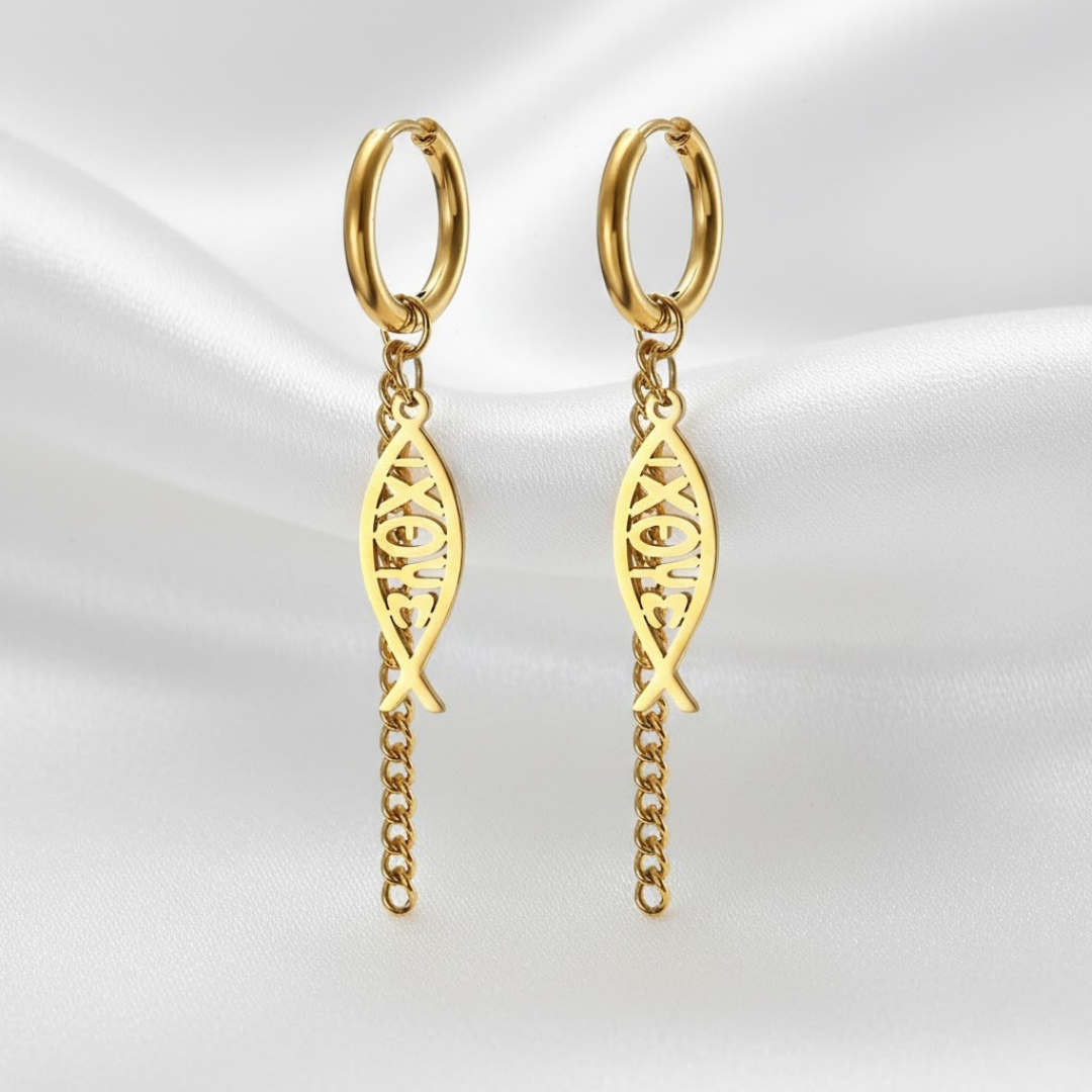 Varios Pendientes de Aro con Cadena y Pez Ichthys en Acero Inoxidable