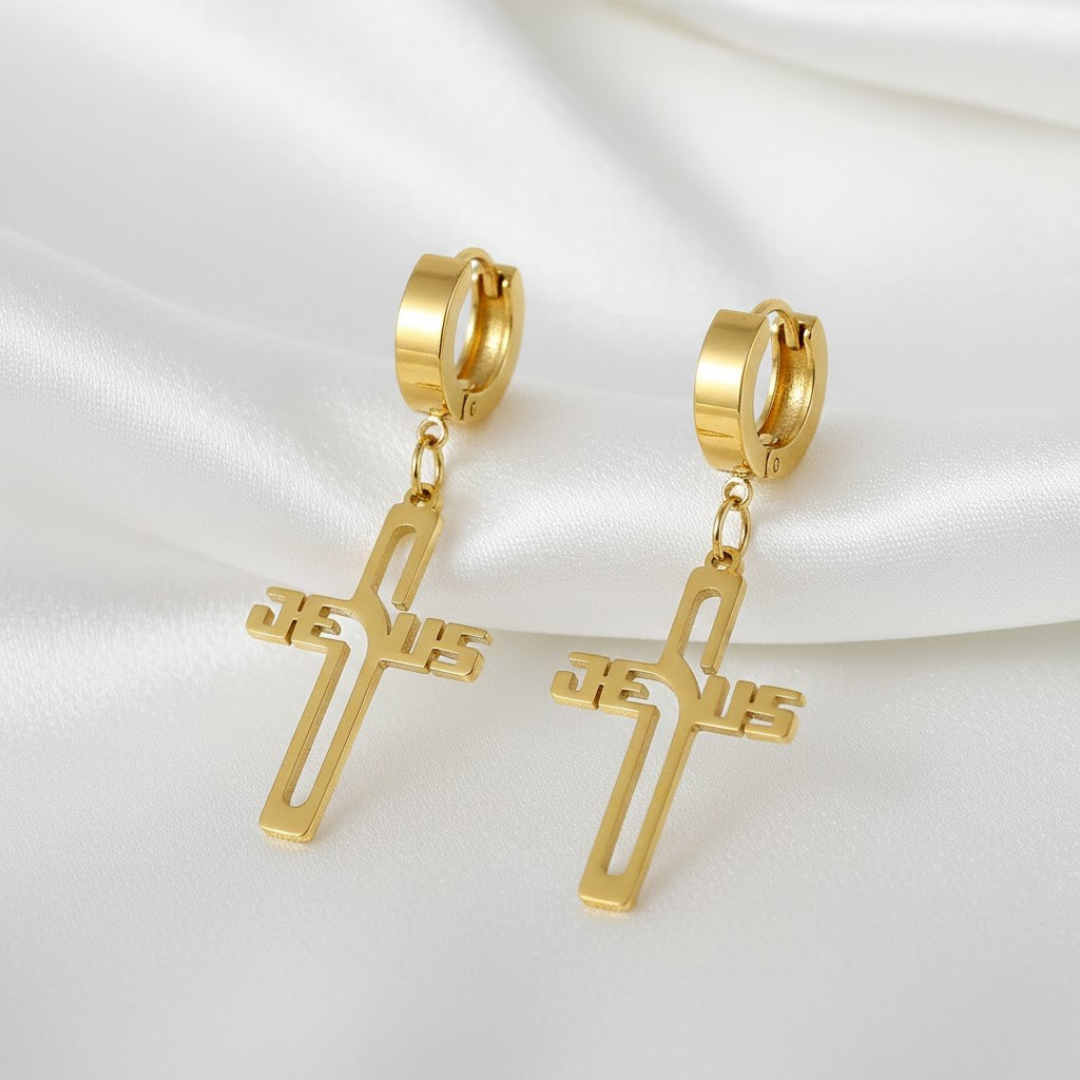 Pendientes de Cruz con Nombre de Jesús en Acero Inoxidable