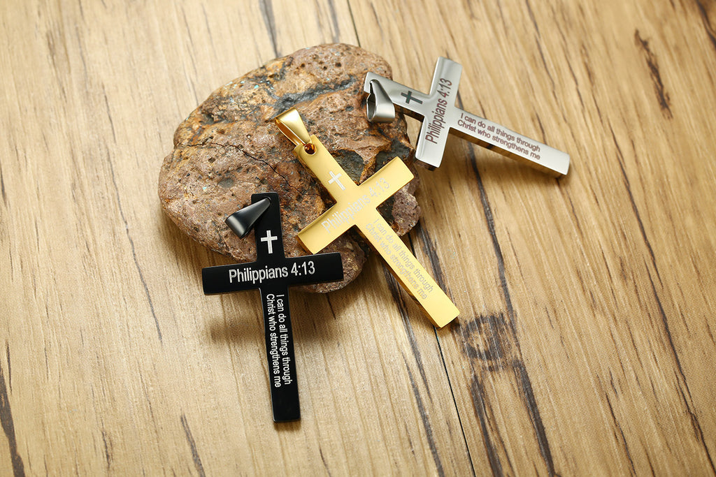 Collar con Colgante de Cruz y Versículo de Filipenses en Acero Inoxidable